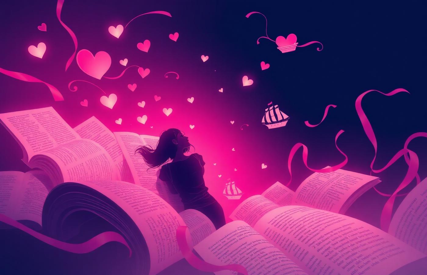 Silhouette of a reader surrounded by glowing books, floating hearts and ships
