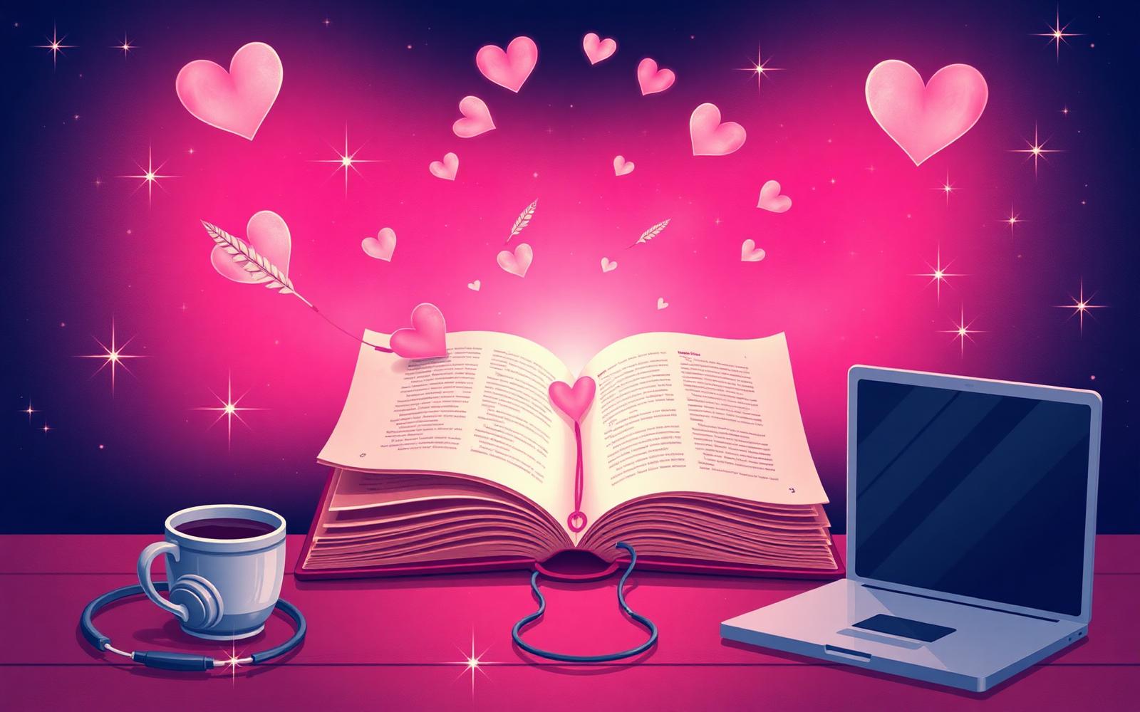Illustration of an open book glowing with pink hearts next to a laptop and a coffee cup — a symbol of the fanfiction purity test
