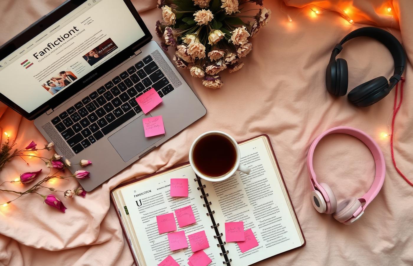 A reader's cozy desk with a laptop showing a fanfic page, headphones, a mug of tea and pink sticky notes